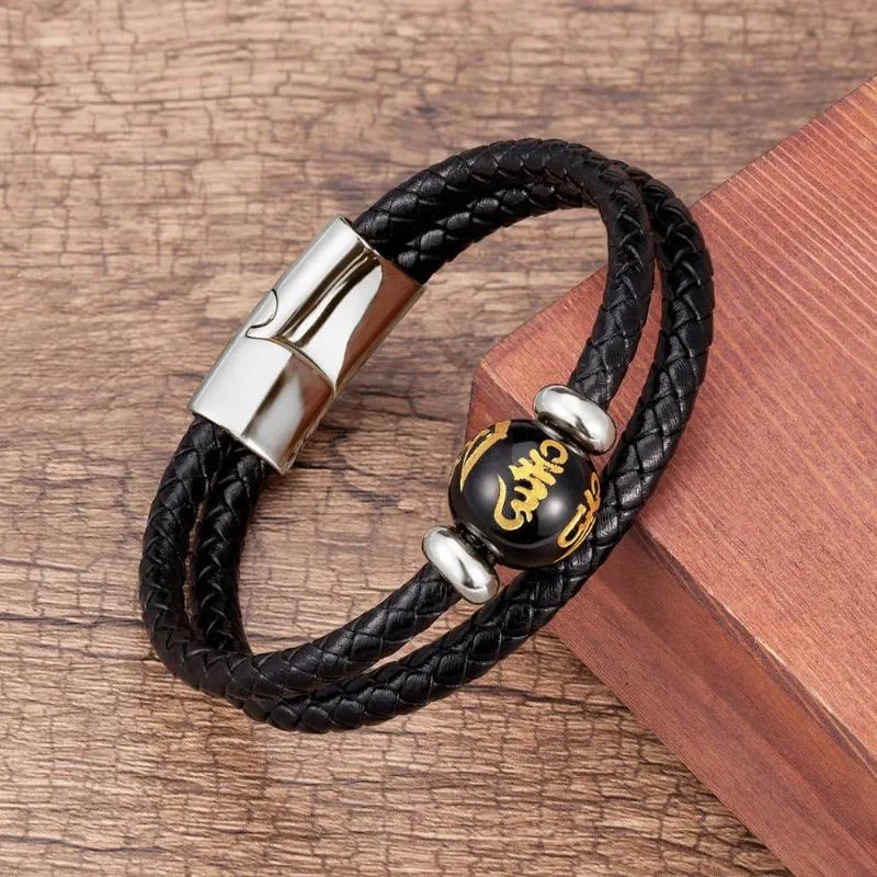 Feng Shui Schwarzer Obsidian-Armband-Charm, sechs Zeichen, Motto-Perle, echtes Leder, Herren-Armband, Glücksbringer, Schmuck, Freunde, Geschenk