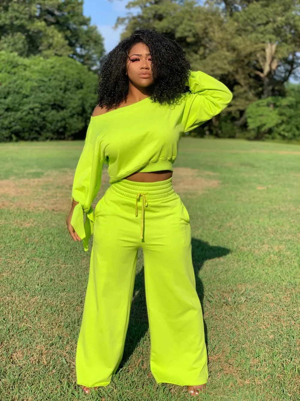 DHgate Womens Casual Two Piece Sweatsuit Set Knotted Long Sleeve Top Drawstring Wide Leg Pants Green Polyester Apparel