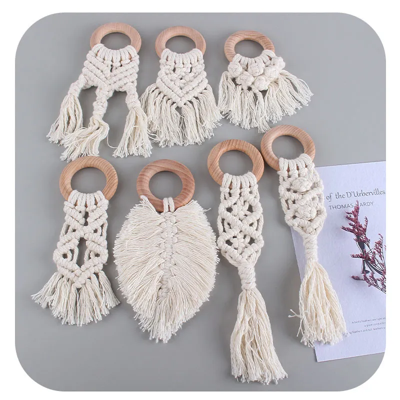 Baby Orginity Macrame TeTher вязание крючком древесины кольцо погремушка сенсорное прорезывание зубов игрушка детская комната украшения DIY ремесел подвесной гендерная нейтральная детская игрушка