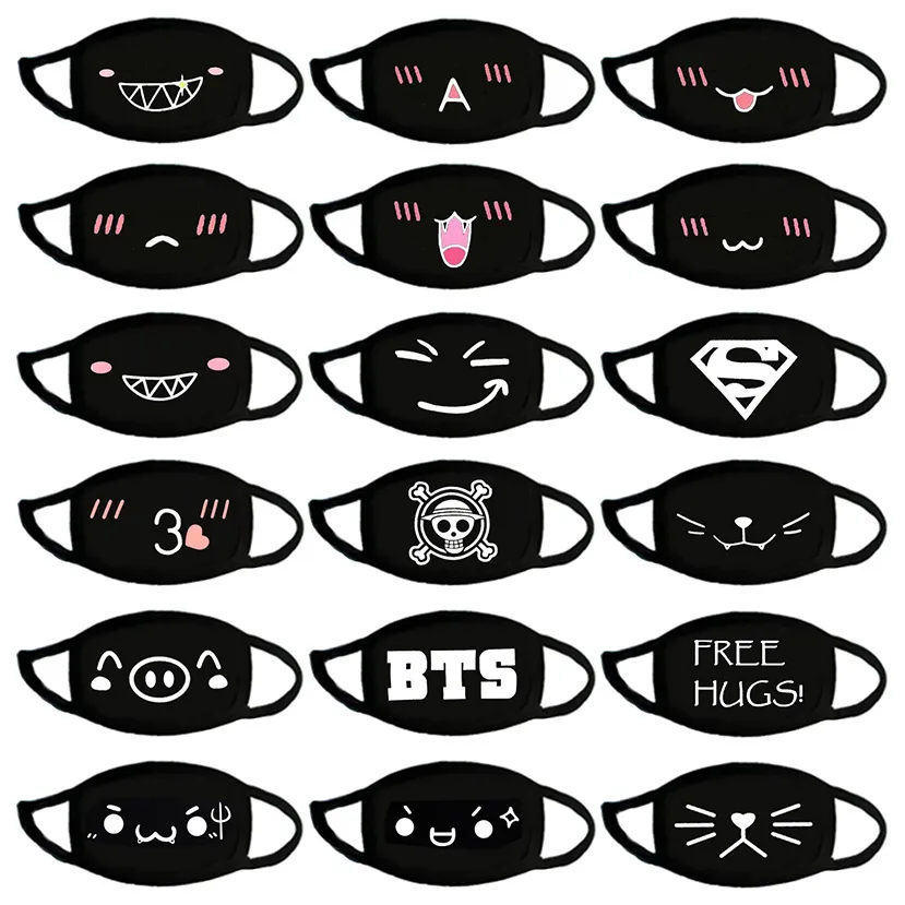 Black Washable Cute Teeth Cartoon Pattern Face Mouth Mask Cotton Adult Kids Anti Dust Respirator Windproof Mascarillas FY9044