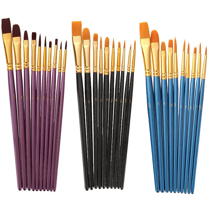 High Quality 10Pcs/Set Watercolor Gouache Painting Pen Nylon Hair Wooden Handle Paint Brush Set Drawing Art Supplies