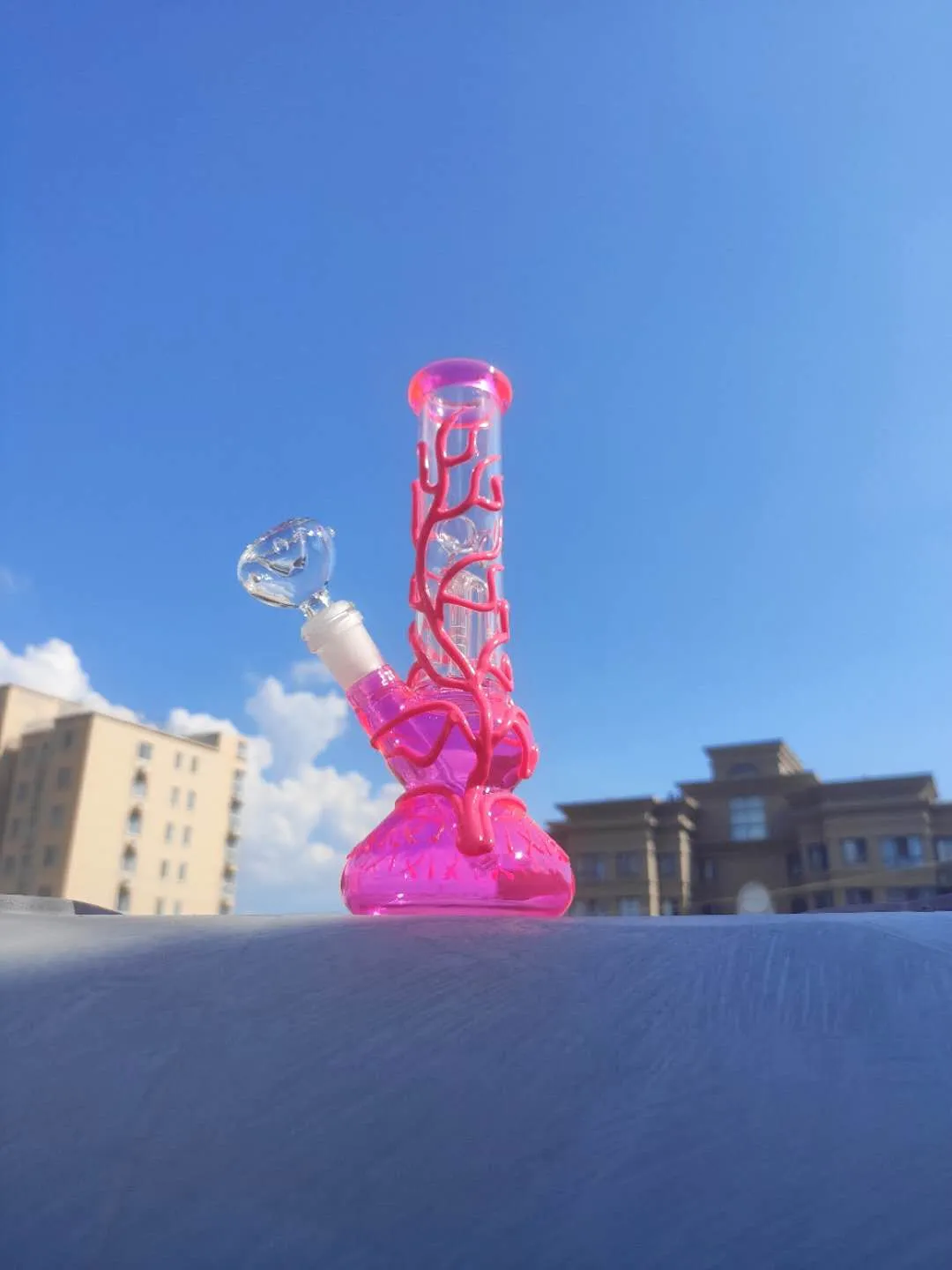 25 cm 10 Zoll Heady Bong Premium Pink Vein, im Dunkeln leuchtende rosafarbene Shisha-Wasserpfeifen-Glasbongs mit 14 mm Downstem und Kopf, gebrauchsfertig, US-Lager