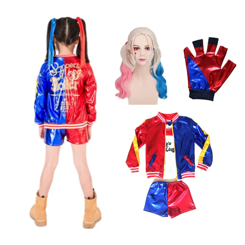 24hrs enviados trajes de Harley Quinn Cosplay para ni os ni as de Halloween Traje de saco y guantes peluca C0927