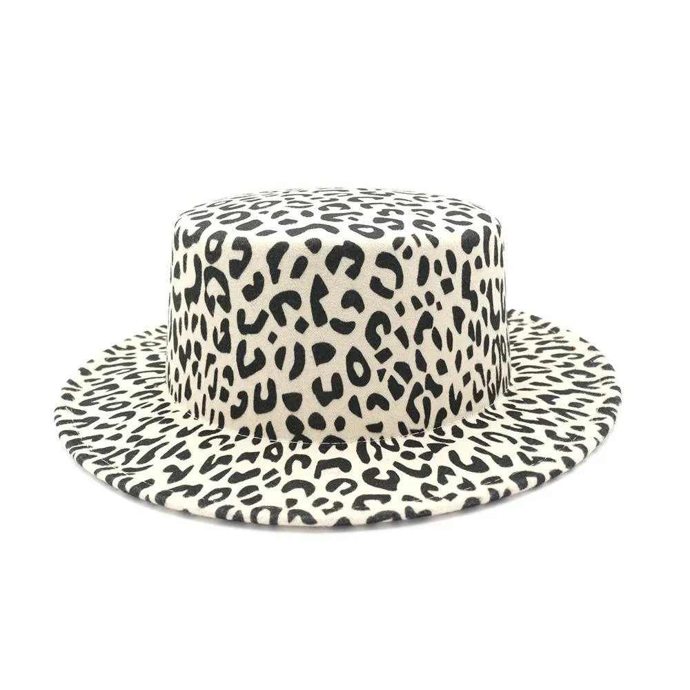 New Unisex Leopard Flat Top Hat Imitazione Lana Donna Fedora Cappelli Eleganti Vintage Trilby Caps Panama Jazz Hat