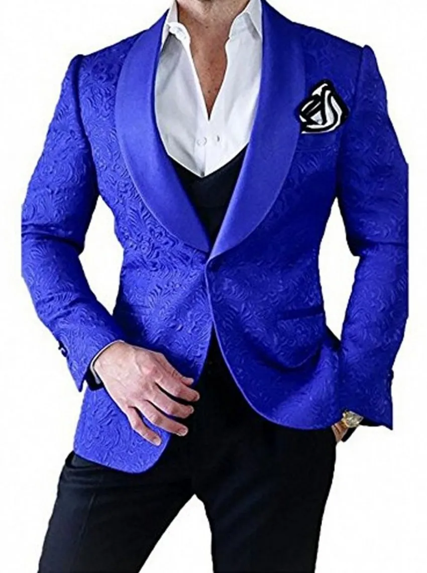 Fashion Royal Blue Embossing Groom Tuxedos Shawl Lapel Groomsman Wedding Tuxedos Men Prom Jacket Blazer 3 Piece Suit(Jacket+Pants+Tie+Vest)2