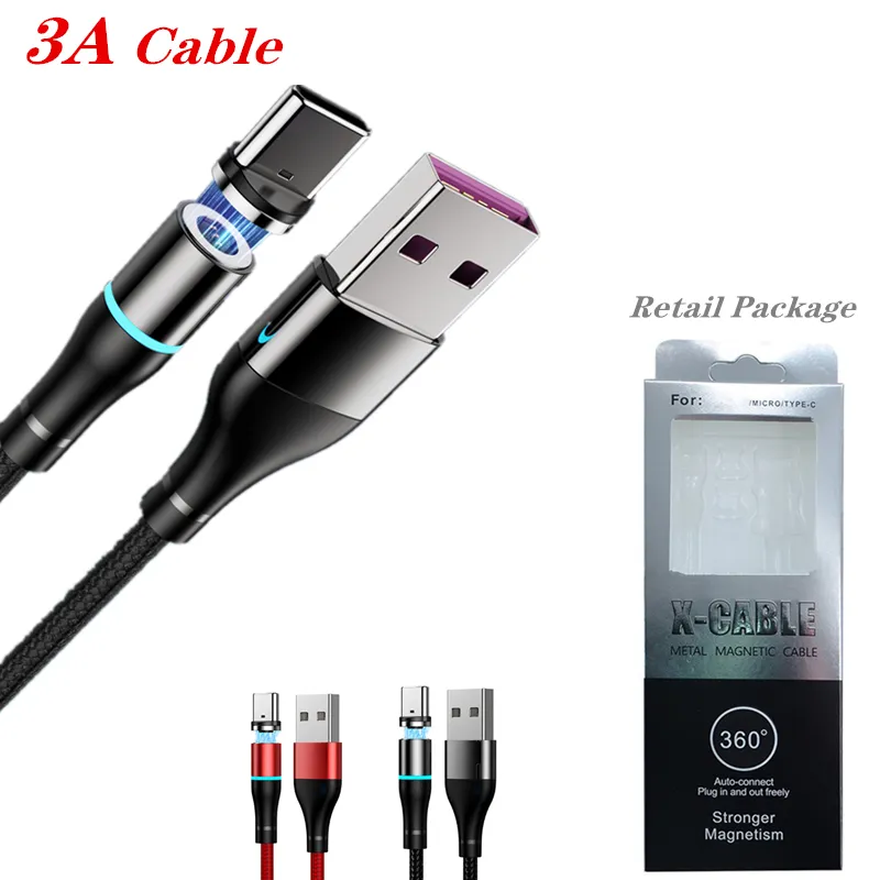Magnetisk kabel typ C / Micro USB-kablar 3A Snabb laddare Trådkabel Fast Charge Cable för Samsung S20 Not10 med detaljhandelspaket