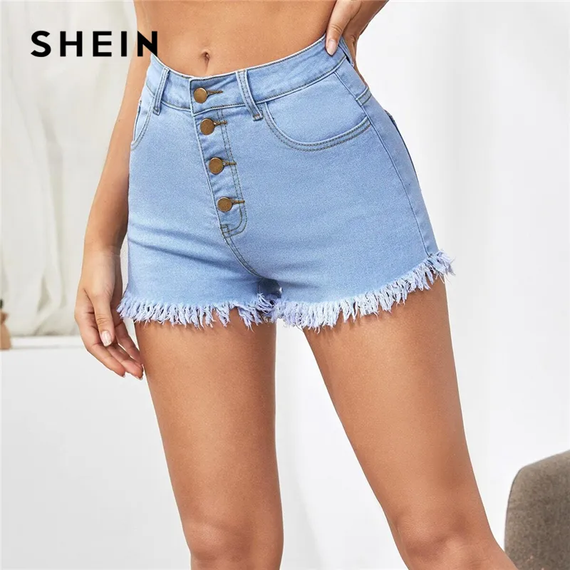 Botón Shein Lavado suave azul raído Edge pantalones cortos verano de las mujeres de