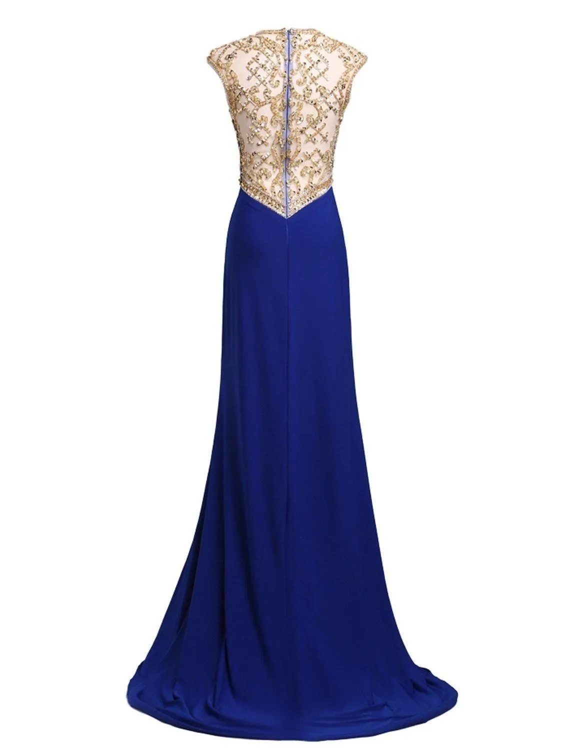 Gold Beaded Crystal Formal Blue Prom Dress 2021 - Short Sleeve Boat Neckline with Side Split - Plus Size Evening Wear for Special Occasions