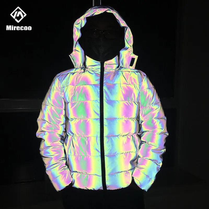 Puffer Laser Reflekterande Vinter Jacka Män Rainbow Padded Jackor Parka Coat Fashion Hip Hop Jacket Coat Män Kläder Streetwear