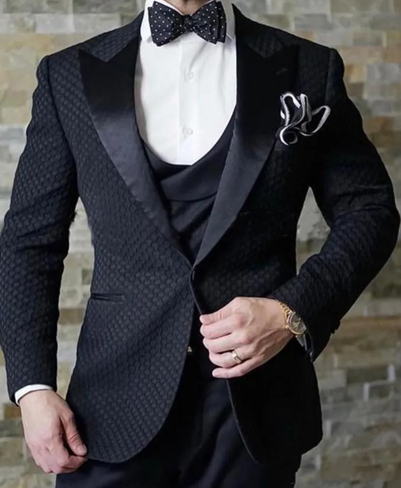Fashion Black Peak Lapel Groom Tuxedos Wave point Groomsman Wedding Tuxedos Men Prom Jacket Blazer 3 Piece Suit(Jacket+Pants+Tie+Vest) 67