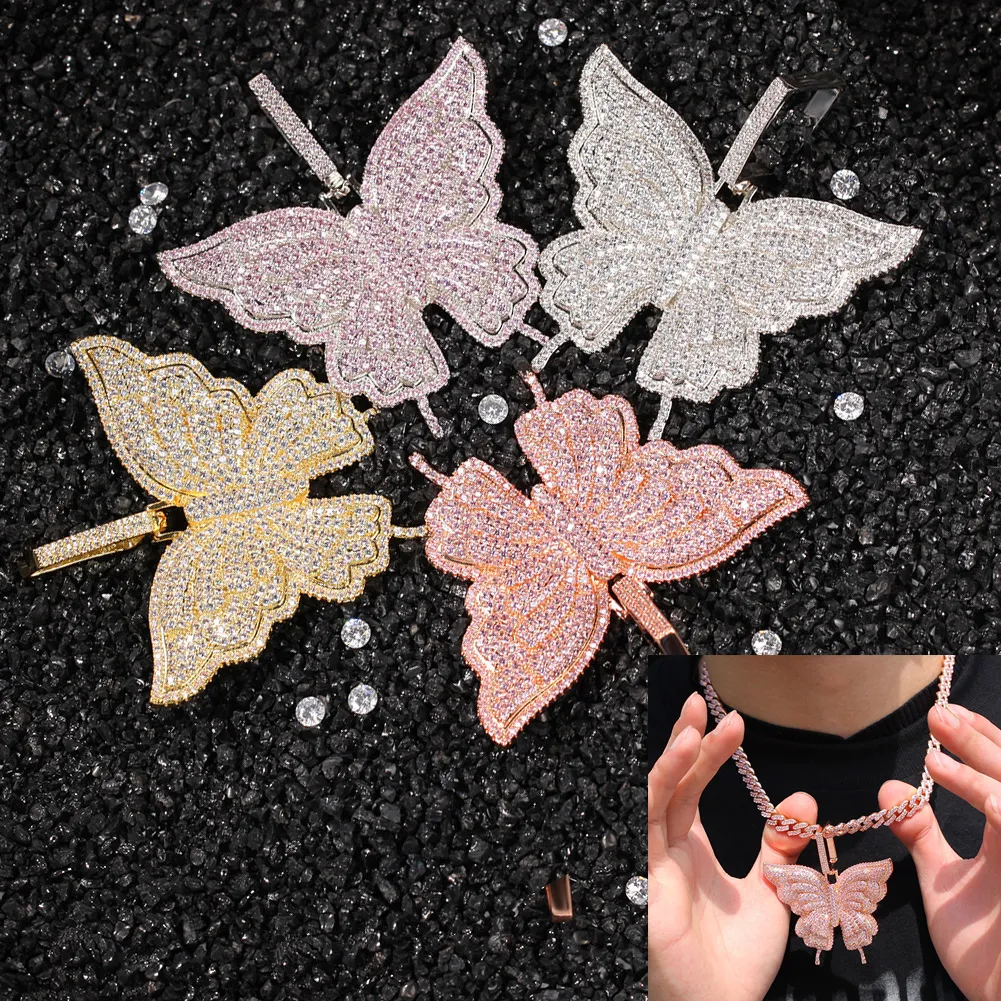 Nowa Moda Zwierząt 18K Biały Złoty Czyszczy Cyrkonia Bling Hip Hop Biżuteria Prezenty Dla Kobiet Mężczyzn Iced Out Duży Butterfly Naszyjnik Bijoux
