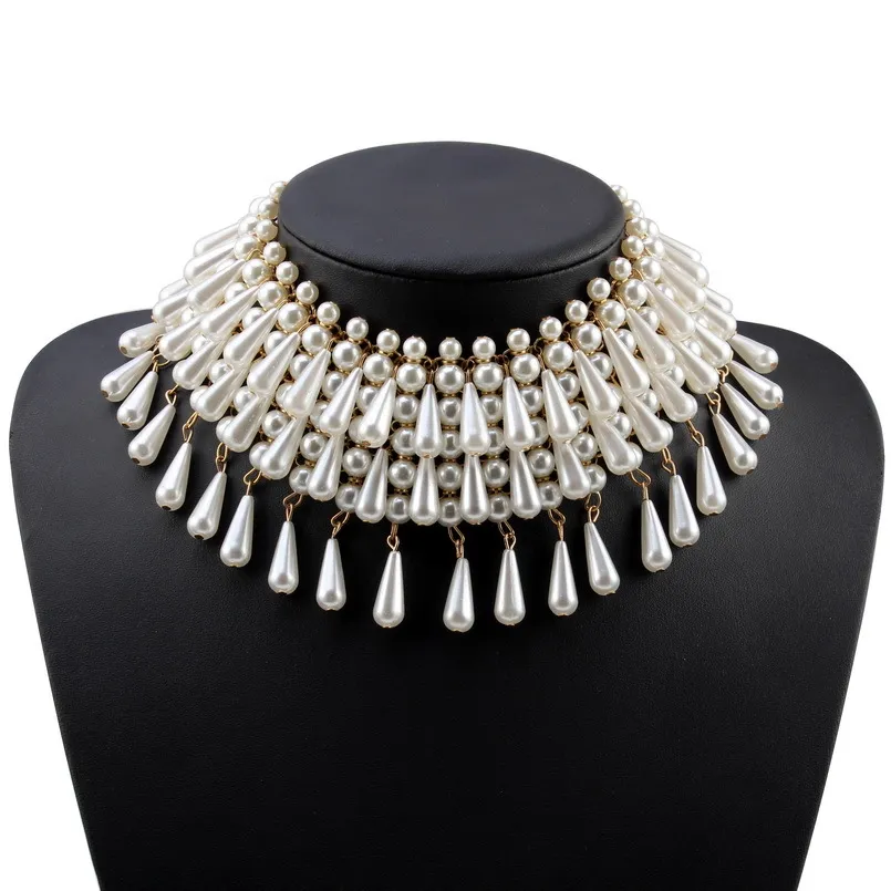Chunky Bead Statement Teardrop Anhänger Simulierte Perle Choker Halskette für Frauen Gold Farbe Kette Kragen Halskette