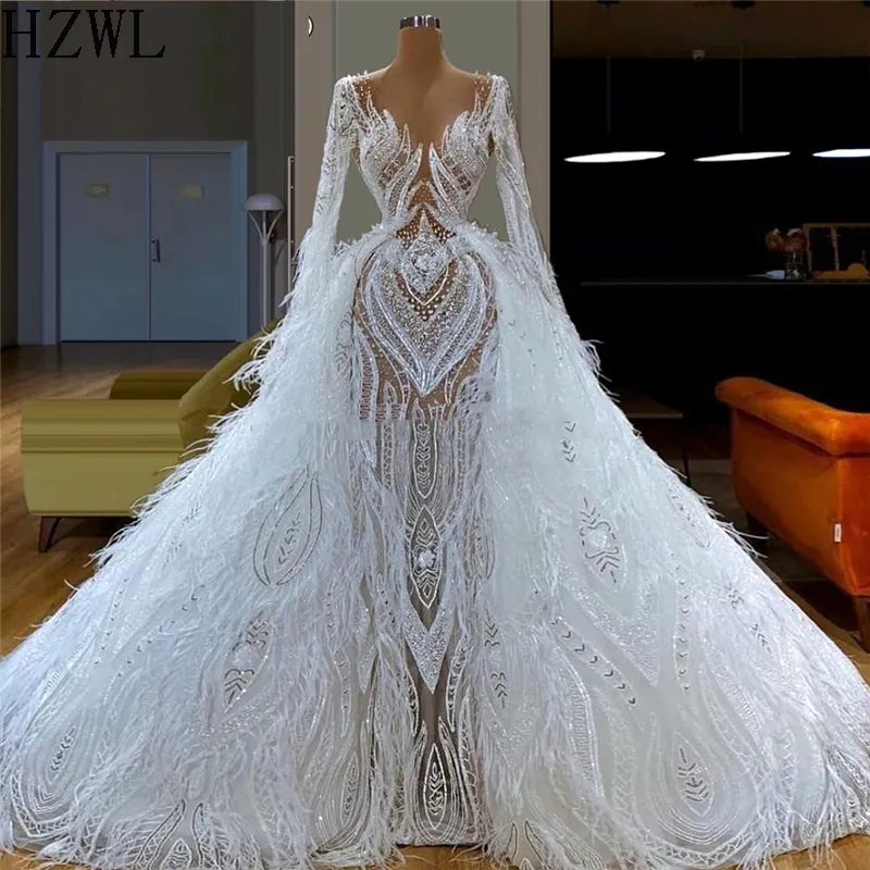 Witte Veren Gezwollen Avondjurken voor Bruiloft Arabische Robe De Soiree Couture Aibye Trouwjurk Kaftans Optocht Jurken Dubai185z