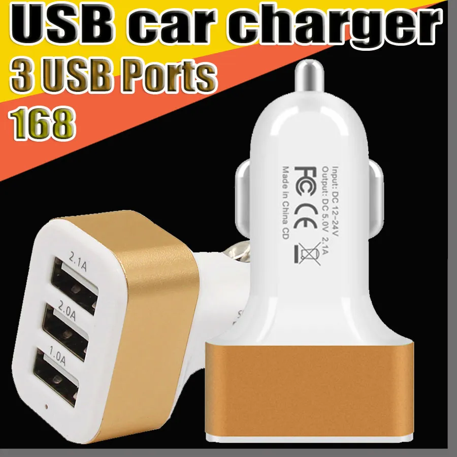 168 Ny Universal Triple USB -billaddare Adapter USB Socket 3 Port Car Charger för all mobil smarttelefon smartphone -surfplatta