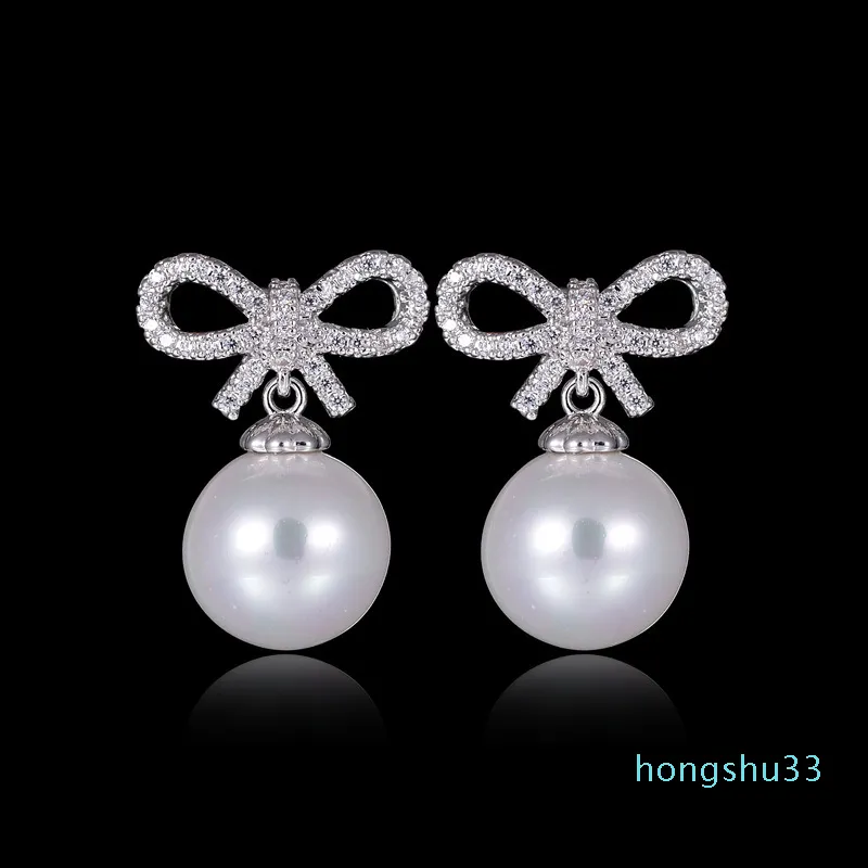 925 sterling silver earrings bow-knot pearl fashion stud crystal high quality women jewelry wholesale price