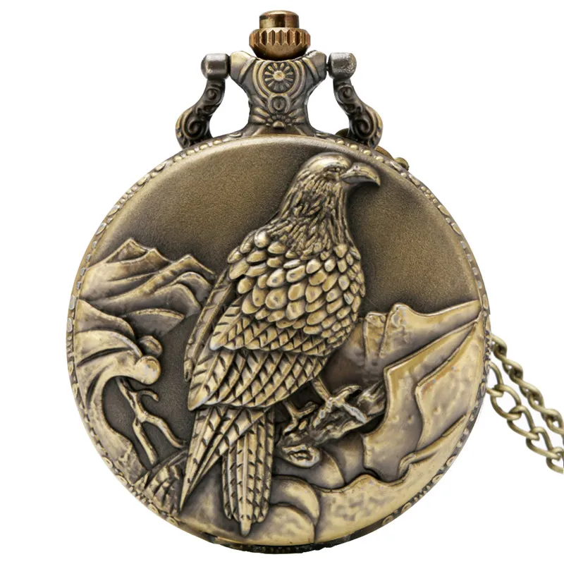 Classic Antik 3D Big Eagle Bird Pocket Watch Retro Bronze Quartz Analog Klockor Halsband Kedja för Män Kvinnor Present