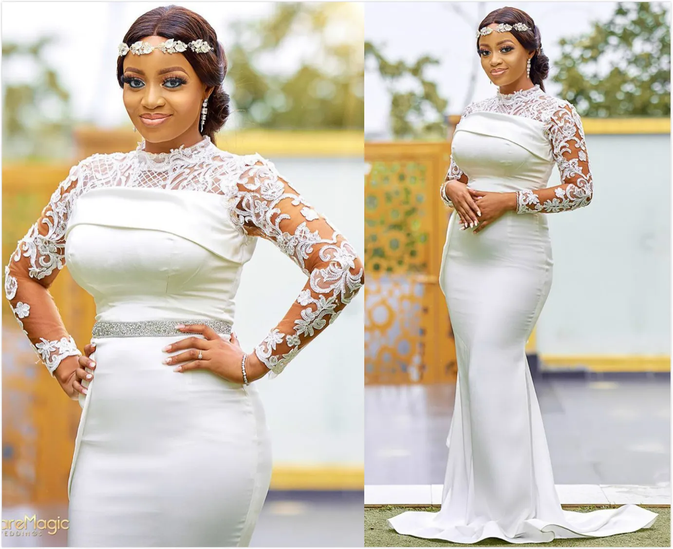 2020 Plus Size arabski Aso Ebi Tanie Koronka Mermaid Suknie ślubne Długie rękawy Bridal Suknie Wysoka Neck suknie ślubne ZJ023