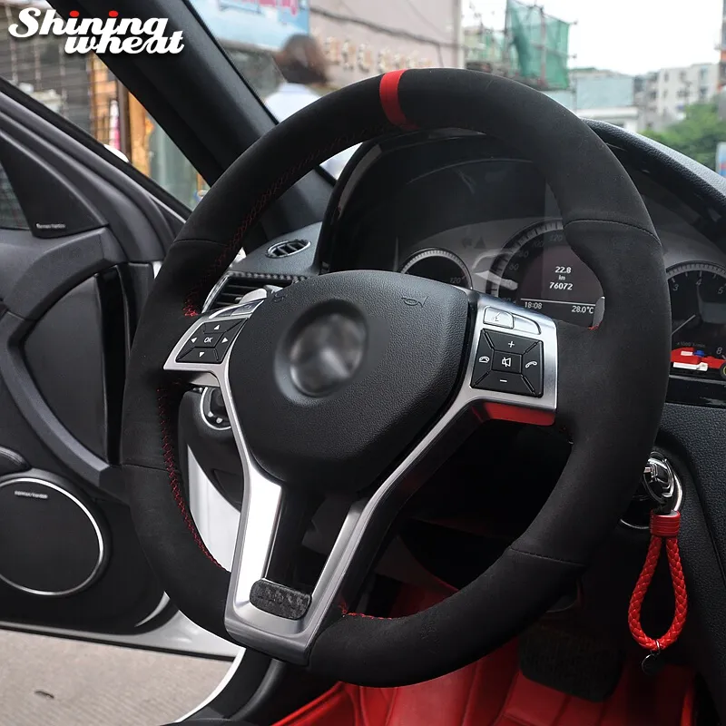 Black Suede Red Marker Car Steering Wheel Cover for Mercedes Benz A-Class 2013-2015 CLA-Class 2013 2014 C-Class 2013292x