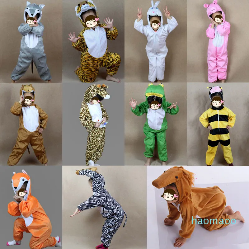 Mode-kinderen dierenkostuum voor kinderen konijn varken tijger fox wolf kikker paard aap anime thema cosplay jumpsuits hallowmas kostuum jongen