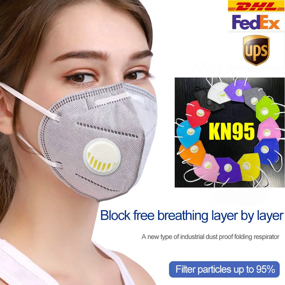 KN95 FFP2 MASKER 6 Laag Kleurrijke Designer Gezichtsmasker Geactiveerde Carbon Luxe Herbruikbare Ademend Ademend Meldel Klep Beschermend Black Face Shield