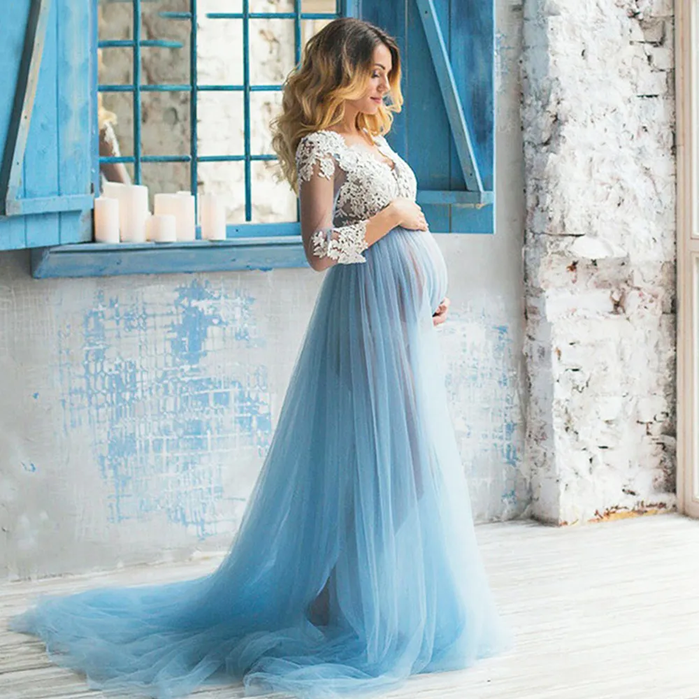 Blå Tulle Aftonklänning A-Line Långärmad V-Neck Long Maternity Evening Gown För Gravid Kvinna Vit Appliques Top Bodice Vo