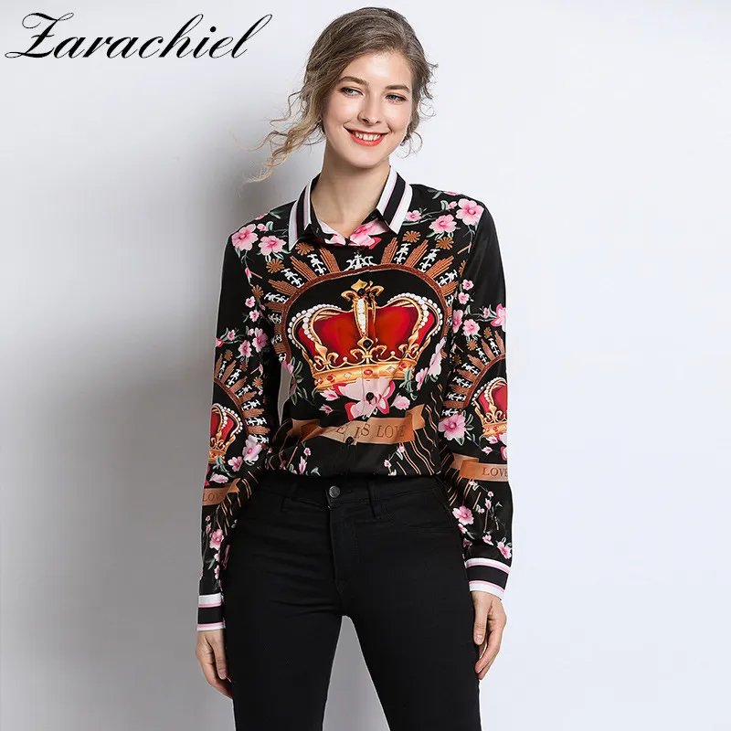 Runway Designer Plus Size Blusas 2019 Primavera Verão Mulheres Manga Longa Vintage Chiffon Flor Coroa Imprimir Camisa Moda Tops CX200821