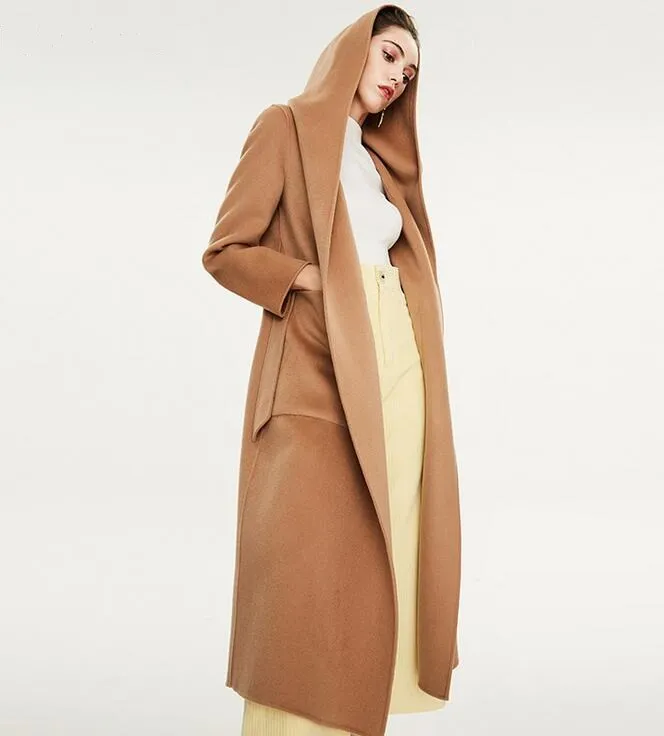 Camel Handgjord Dubbelsidig ull Long Coat Kvinnor Ullkamel Färg Hooded Coat