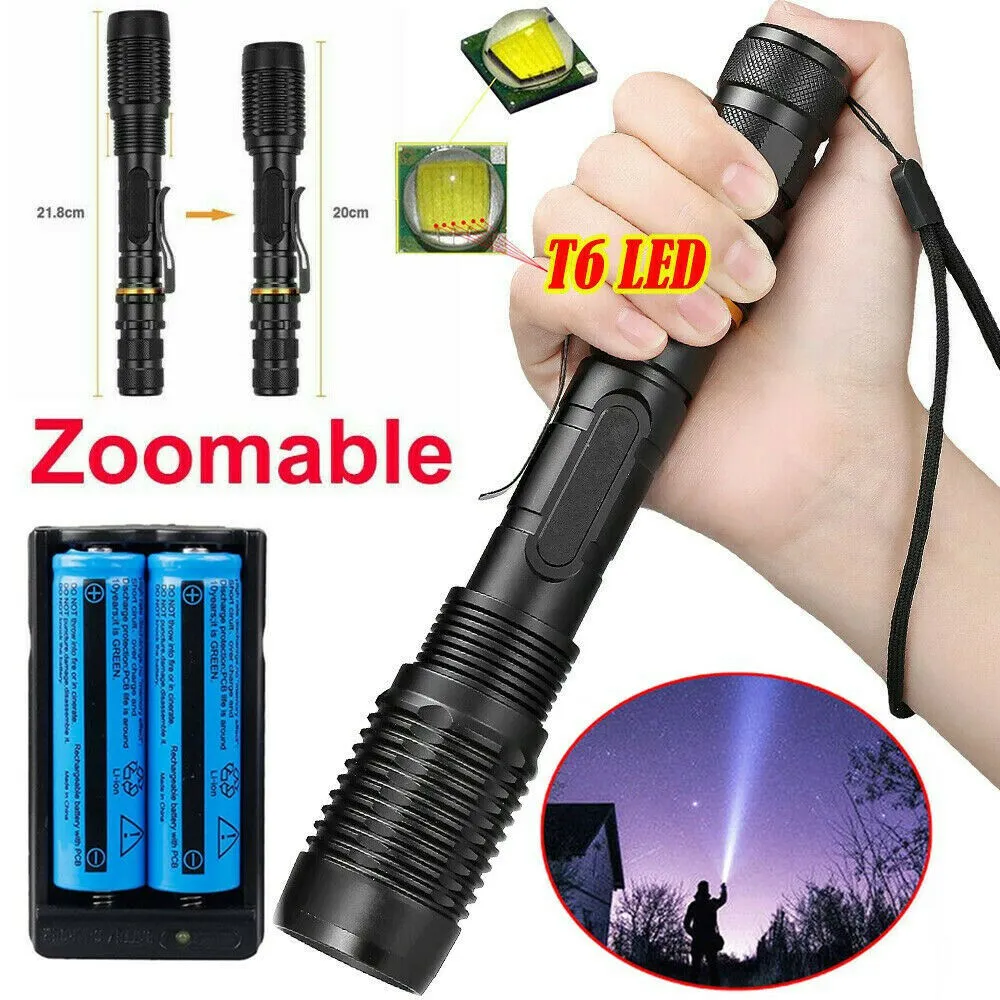 Lampe de poche tactique Super lumineuse, 80000lm, Rechargeable, torche LED T6 améliorée, Zoomable, 5 Modes SOS + 2 batteries 18650 + chargeur