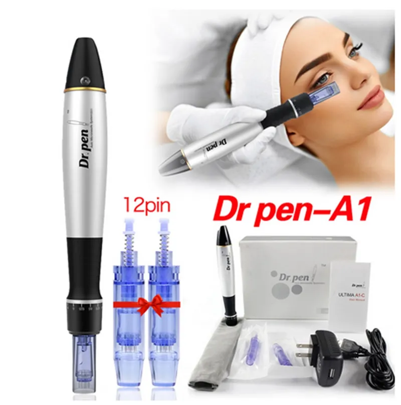 La più recente penna elettrica automatica A1-C Derma Pen Wired A1C Dr Pen Microneedle Roller System con 2 pezzi 12 pin Cartuccia ad ago Face Skin MTS