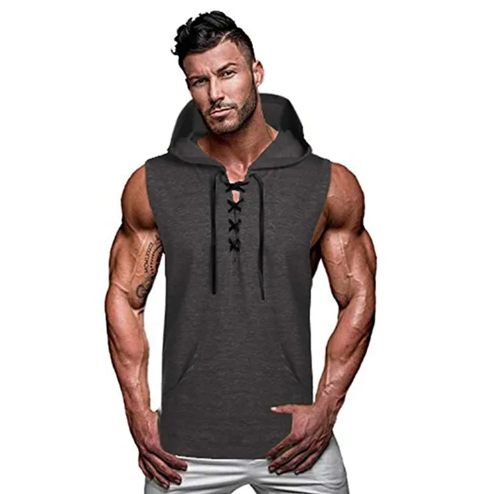 Mode huva tank tops sport bodybuilding muskel klippt av t-shirt herr ärmlösa gym hoodies t-shirt hip hop lace-up tee t-shirts