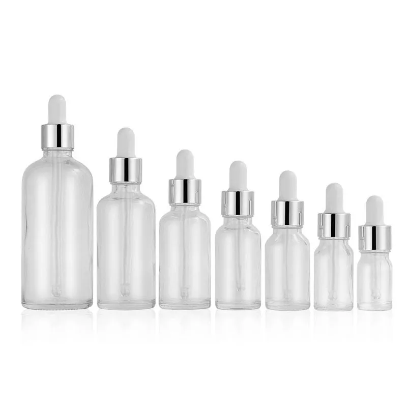 Clear Glass Essential Oil Perfume Bottles Liquid Reagent Pipette Dropper Bottle with Silver Cap white tip top 5-100ml