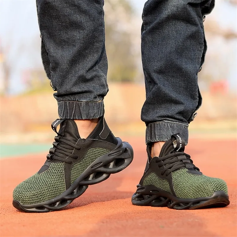 Scarpe da lavoro antinfortunistiche con design a strisce riflettenti per uomo Stivali da costruzione indistruttibili in pelle scamosciata di mucca Calzature maschili con punta in acciaio