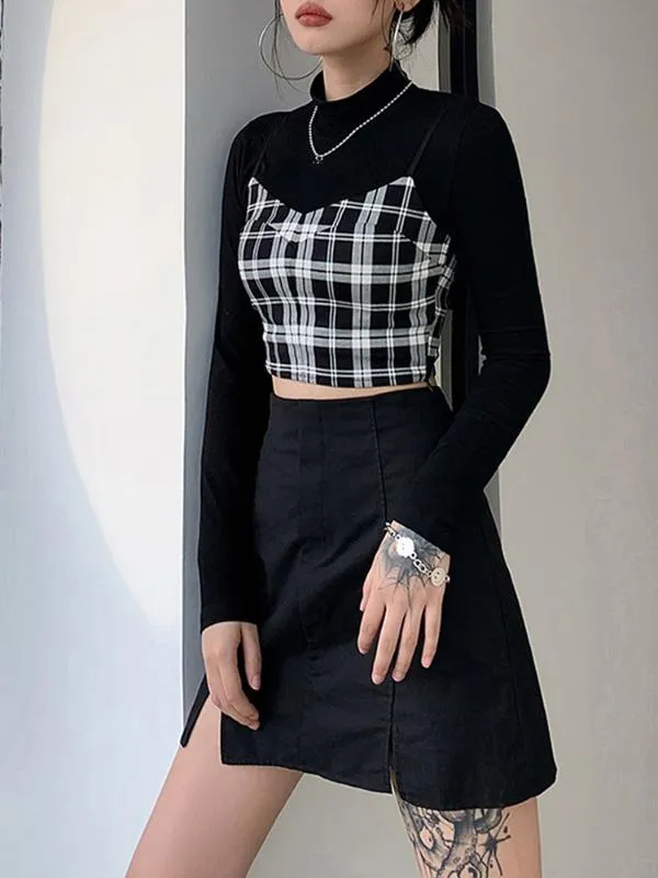 Womens T Shirt Y2K E Girl Sweet Plaid And Black Crop Tops