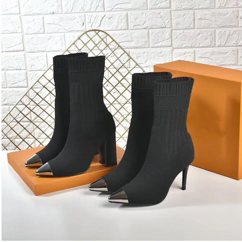 autumn winter socks heeled heel boots fashion sexy Knitted elastic boot designer Alphabetic women shoes lady Letter Thin high heels Large size 35-42 us4-us11 with box