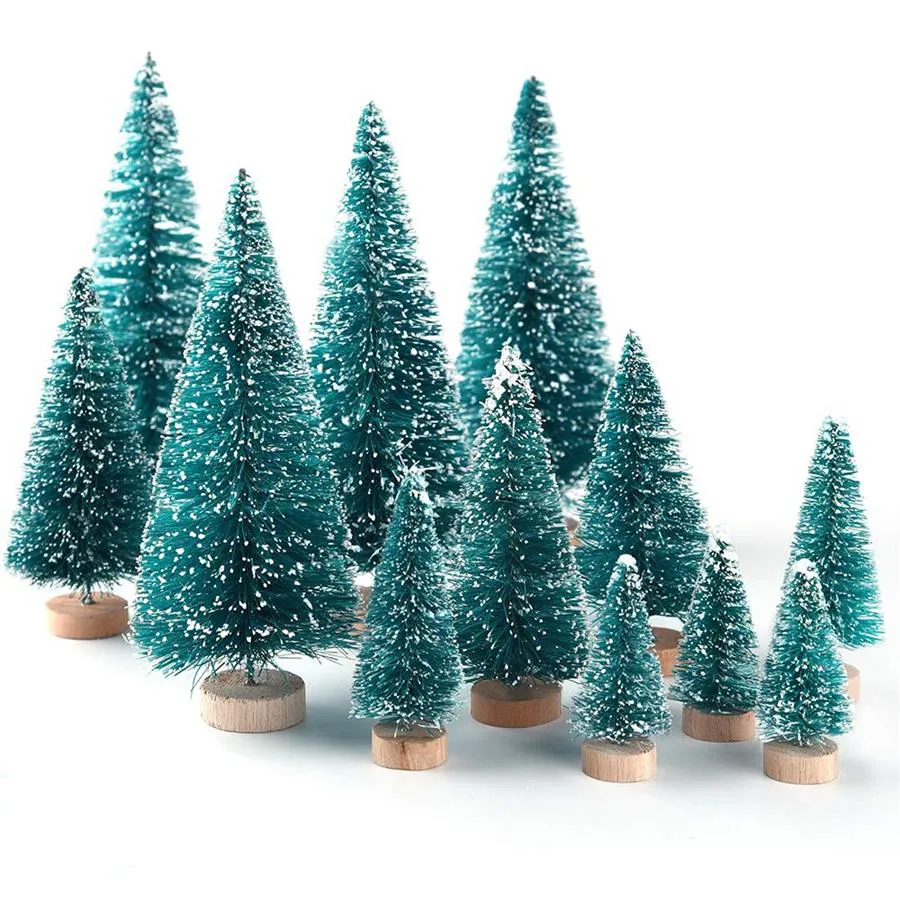 Alberi di Natale artificiali in sisal satinato per spazzole per bottiglie con base in legno, mini albero di pino artigianale fai-da-te per la decorazione del tavolo di casa di Natale