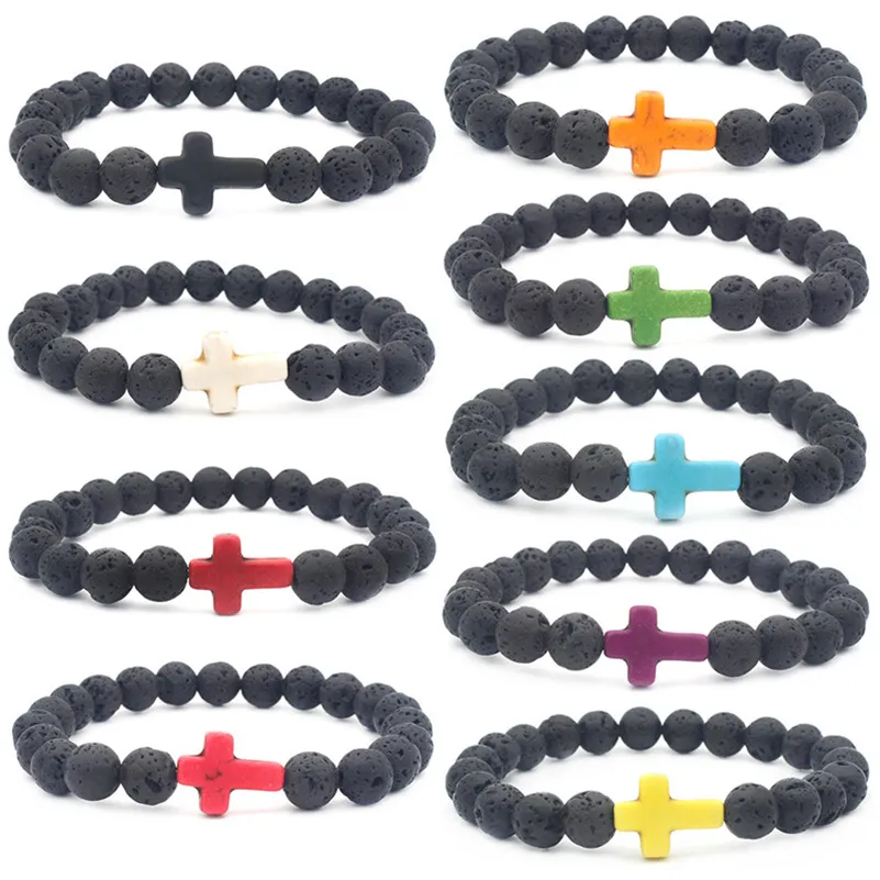 Pierre de lave Bracelets de brins perlés Naturel Noir Diffuseur d'huiles essentielles Élastique croix Bracelet Volcanic Rock Hand Strings bijoux