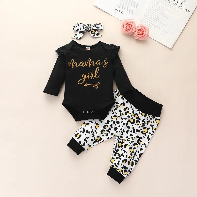 Autumn Baby Clothing Sets Long Sleeve Letters Print Romper Top + Leopard Floral Pants + Headbands Boutique Newborn Outfits M2550