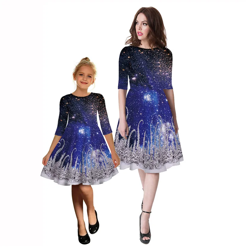 Popular Christmas Dress In Europe And America Star Digital Printing Mother And Daughter Mid Sleeve Dress Autumn Dress