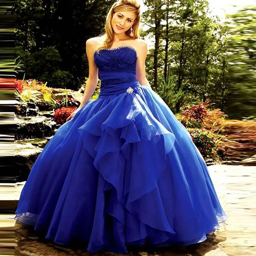Royal Blue Quinceanera klänningar spets stropplöst modernt plus storlek billig boll prom klänning golvlängd plus storlek spets upp267a