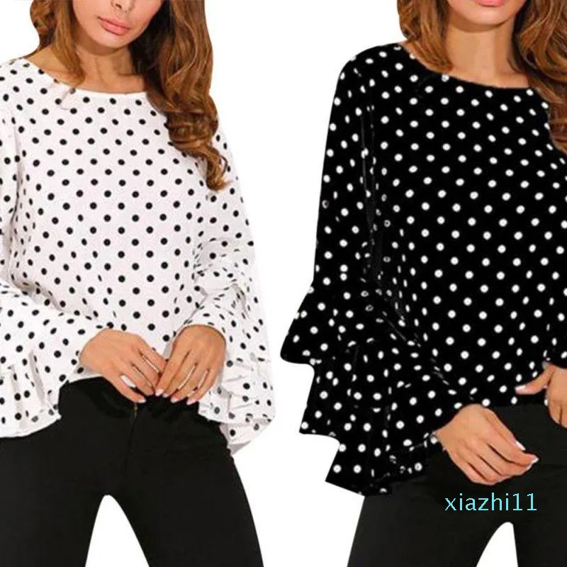 뜨거운 판매 여성 폴카 도트 Blusas 셔츠 봄 패션 O 목 긴 소매 블라우스 Femininas 캐주얼상의 플러스 사이즈 4XL 5XL 셔츠