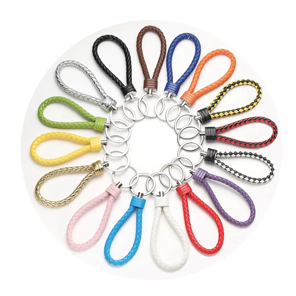 Braided Leather Rope Handmade Car Keychain with Stainless Steel Ring ...