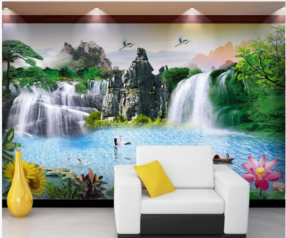 Pastoral Waterfall 3D Wall Mural Custom Photo Beautiful Nature ...