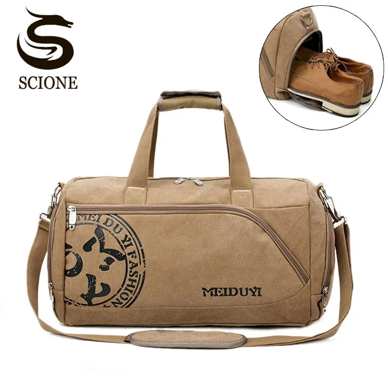 Duffel påsar Scione Men Retro Travel Resväska Kanfas Sport Bagage Crossbody Tote Bag Vintage Casual Printing Slitstarkt axelbräda