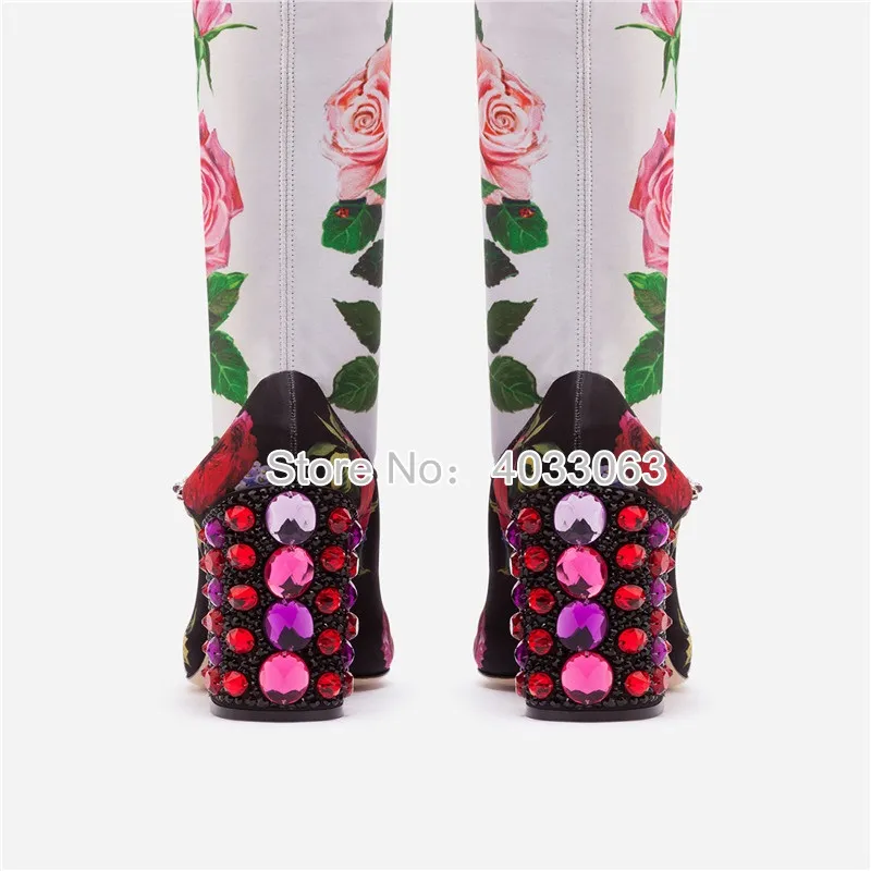 New 2020 Women039s Autumn Winter Boots Rose Prints Stretch Fabric Midcalf Boots Women Rhinestone Chunky Heel Catwalk Shoes Boa6528003