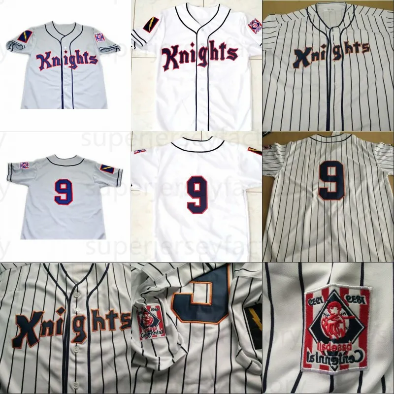 # 9 Roy Hobbs 1984 Nowy Jork Knights The Natural Movie Button Down Baseball Jersey 100% Szyte Koszulki Niestandardowe Szare Białe Darmowa Wysyłka