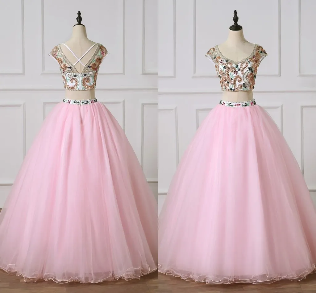 Rosa-line A Prom Dresses Quinceanera duas peças cristais coloridos Beading Criss Cross Backless Tulle Princesa graduação Pageant vestido longo