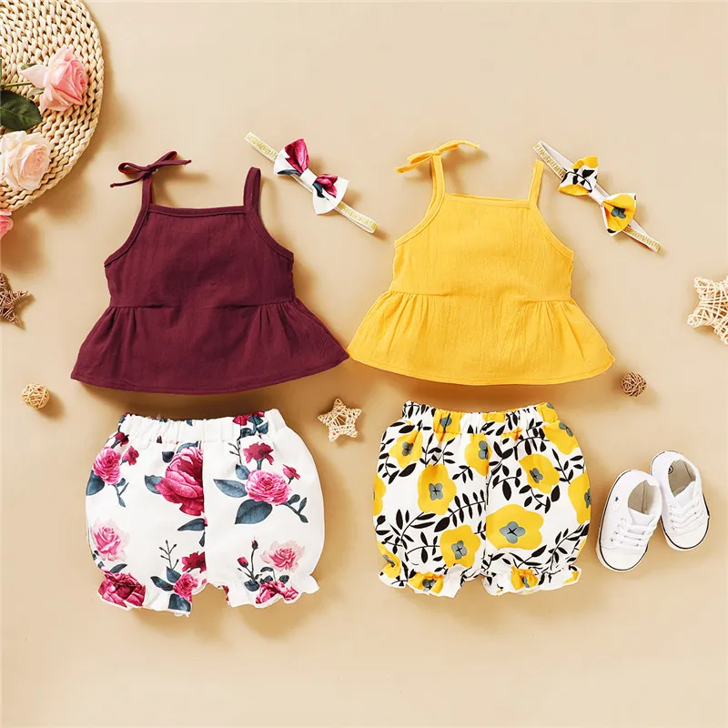 2020 pasgeboren baby meisje kleding summre baby peuter kinderkleding set riem tops shorts hoofdband 3 stks bloemen print outfit 0-18M