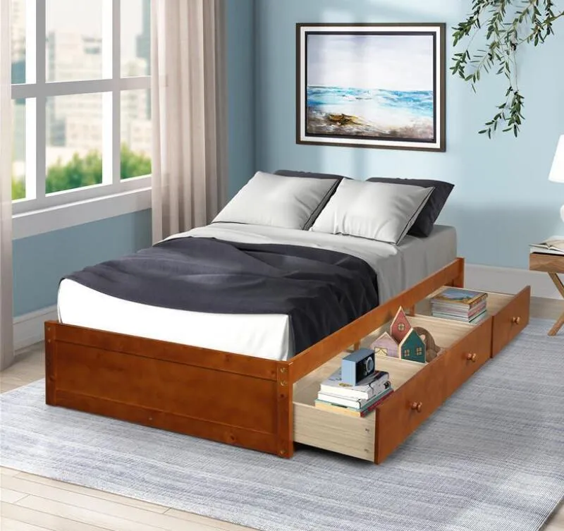 Amerikaanse voorraad Oris bont eiken kleur Twin Size platform opslag bed met 3 laden voor kinderen volwassen slaapkamer sets WF193634AAL