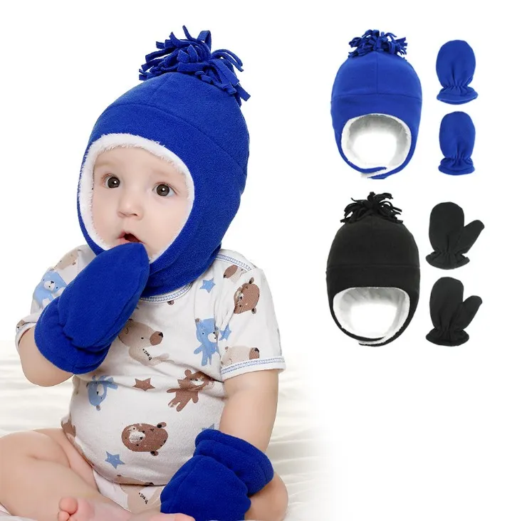 Épais chaud enfants chapeaux d'hiver 1cap et 2 pièces gants 3 pièces ensemble enfants accessoires chauds bébé filles et garçons polaire chapeau gants