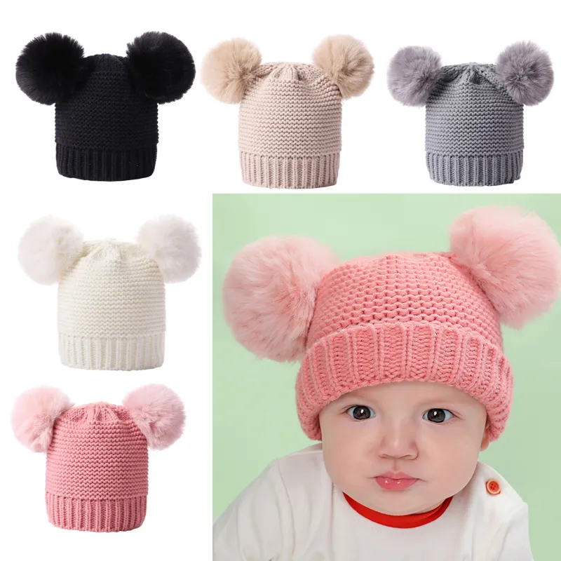 Quente bebê recém-nascido crianças meninas meninos Inverno Knit Hat Furry Balls Pompom presentes bonitos quentes sólidos Beanie Cap Adorável